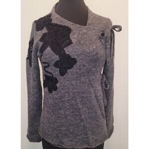 Elegant Anthropologie Moth Gray Lace Pane Tie-Front Sweater Wool Blend Jumper M